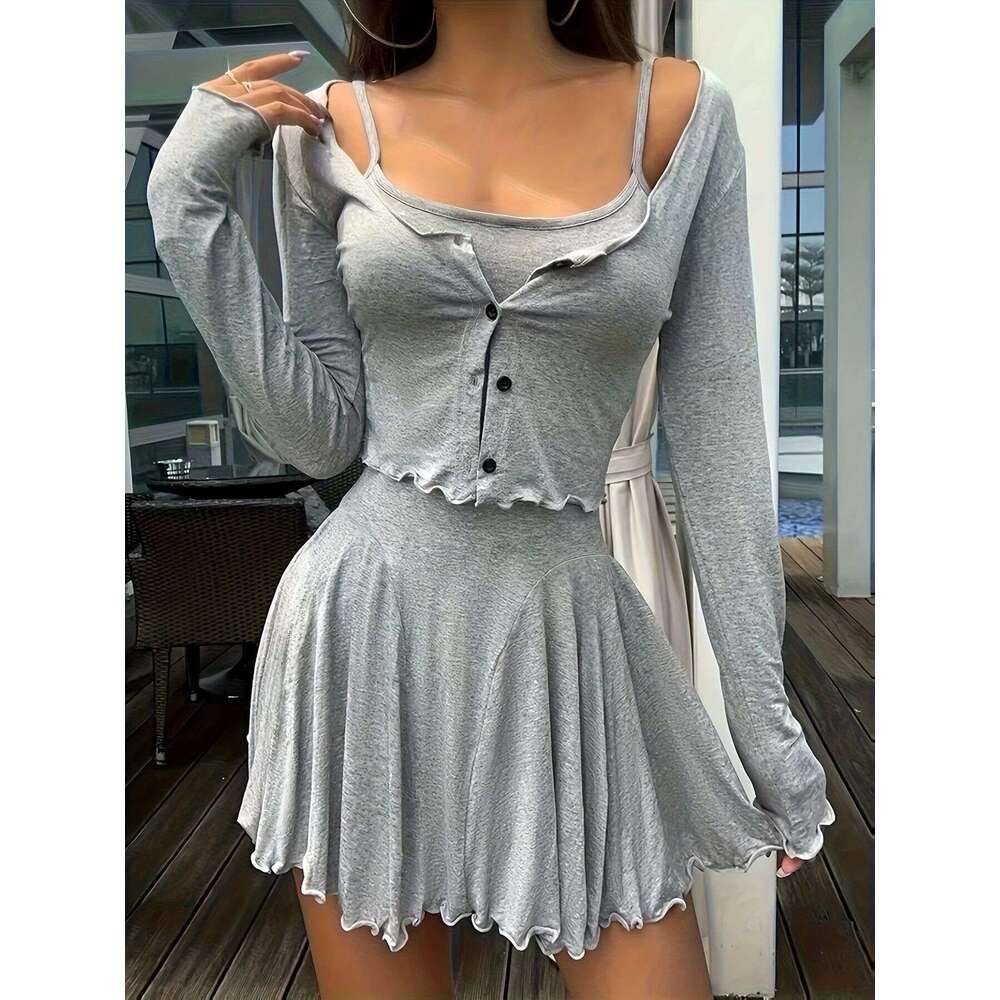 Sweet Spicy Girl for Women Retro Simple Cardigan Jacket Layered Summer Strap Dress Two-Piece Set European and American Style