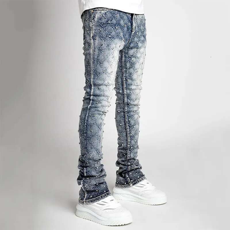 Stretchy Pearls Skinny Jeans For Men 2024 New Fashion Rhie European Street Personality Stacked Denim Pants