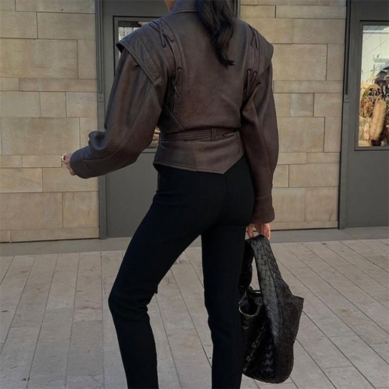 Suninheart Autumn and Winter Faux Leather Jackets for Women Dropped Shoulder Oversized Jacket Coat Belted Corset 251105