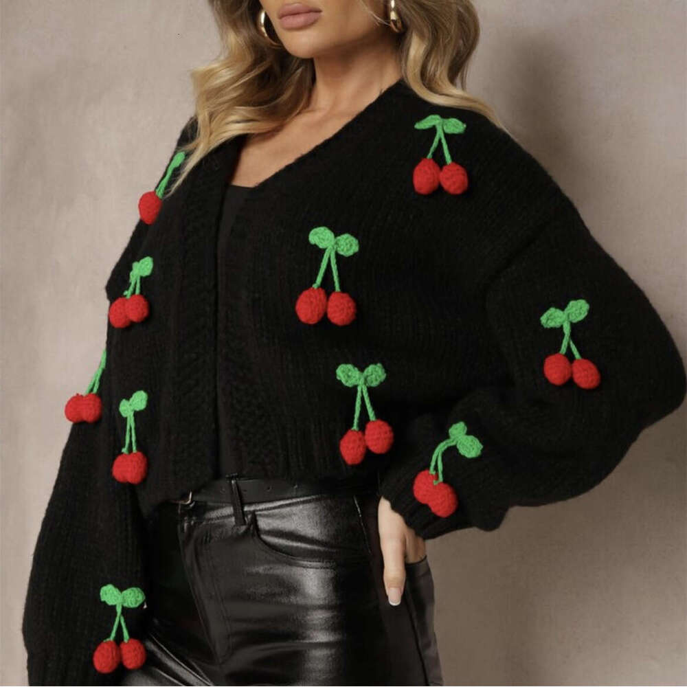3D Cherry Pattern Women's Elegant Sweater Cardigan 2025 Autumn Winter New European and American Cross-Border Button Long Sleeve Knit