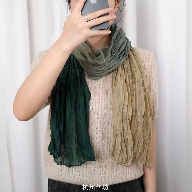 T447 pleated contrast color cotton and linen scarf thin warm gradient color silk scarf literary retro versatile shawl neck