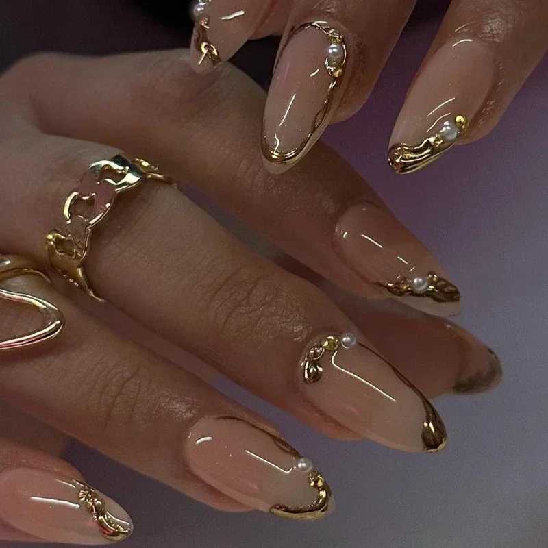 24 pieces of French gold border wearable almond press fake nails simple pearl decoration fake nails with glue complete set of manipulation tips W25041