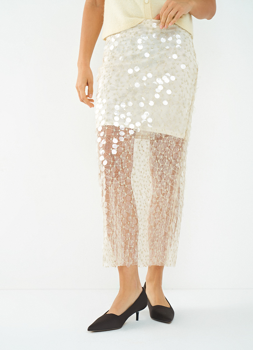 Women's Beige Sequin Straight Midi Skirt, Back Slit Zip Closure Party Skirt