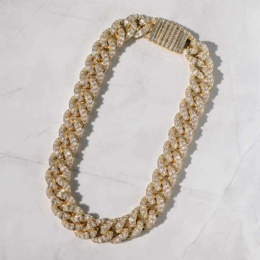 Hip hop rapper 18mm pure sier double row long stick bread Miami man ice out Cuban chain necklace