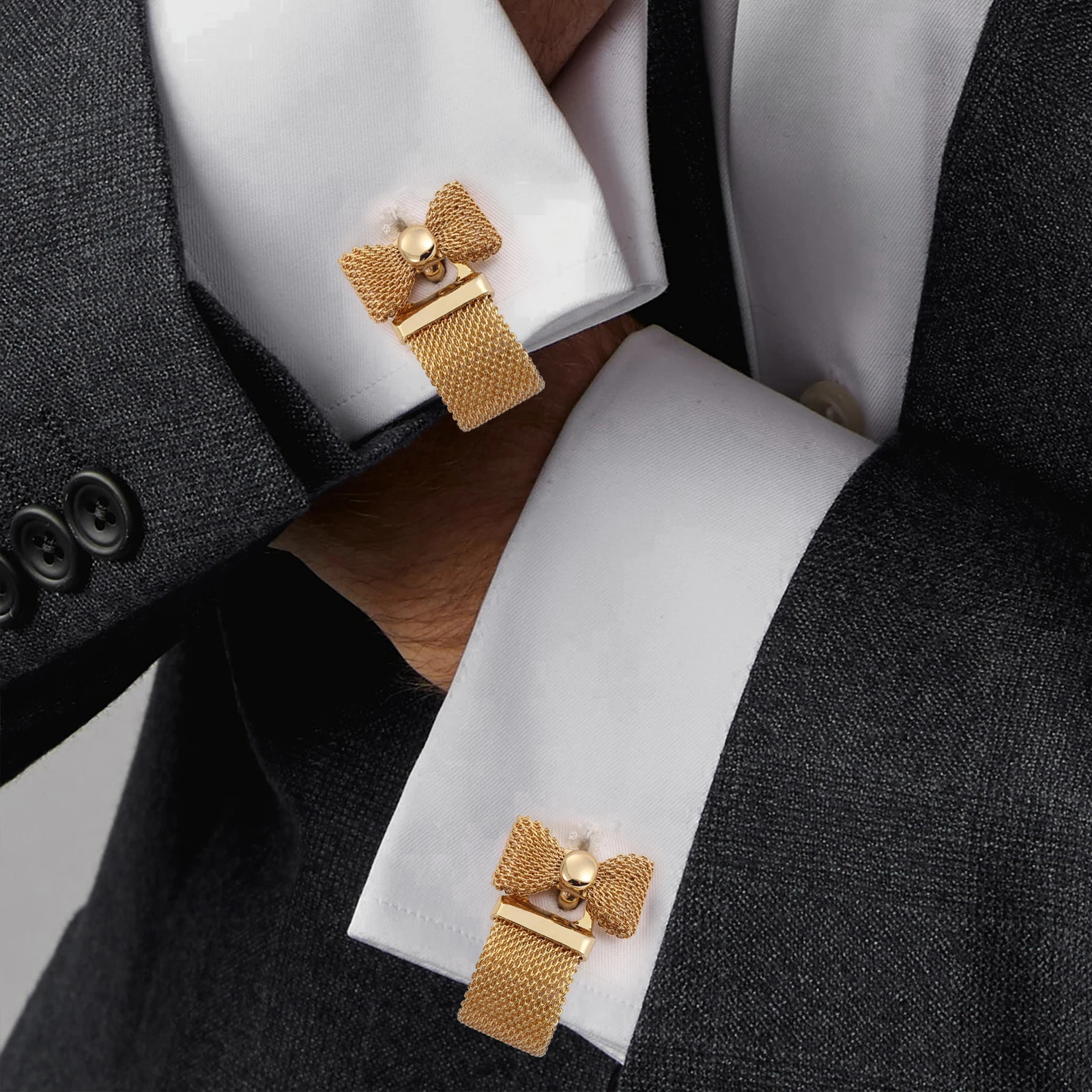 Mens Chain Cufflinks Set - bow cuff links mens French Shirt Ornament or Accessory - Party favors for men 250409