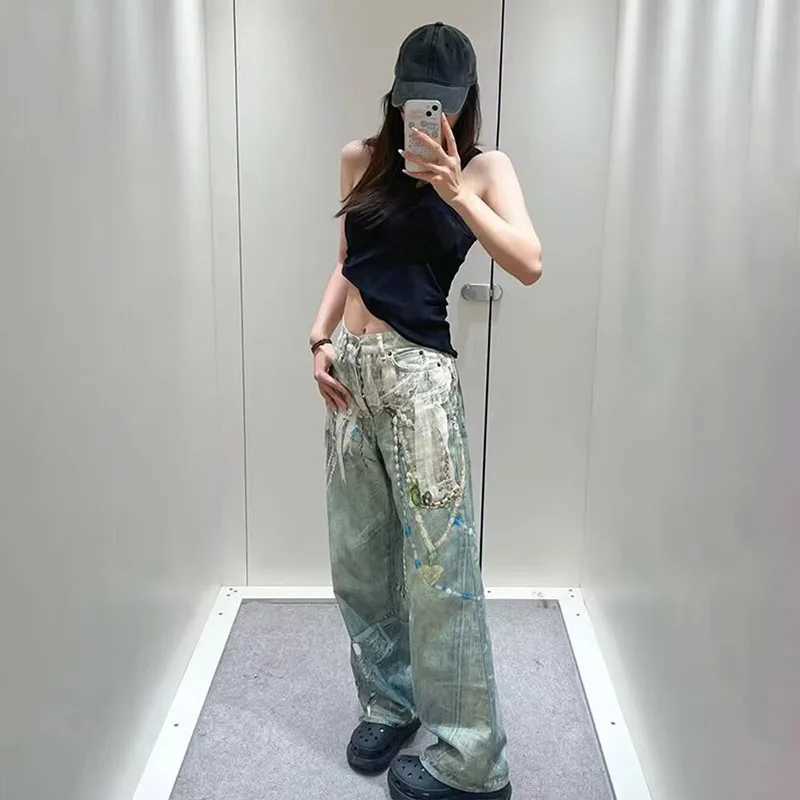 Korean Retro Printed Jeans 3d Chain Lace Pants High Waisted WomenS Jeans Straight Leg Pants Baggy Jeans Y2k C251110