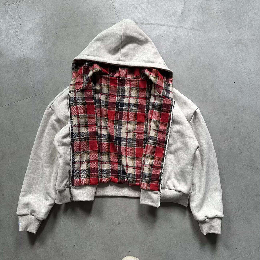 European and American Cross-Border Autumn Winter New Fashion Hooded Zipper Plaid Patchwork Reversible Sweatshirt for Men