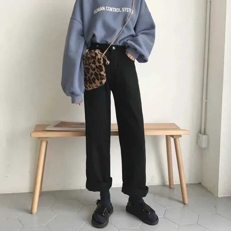 Autumn Winter Womens Fleece Lined Thick Wide Leg Jeans High Waist Slim Straight Long Pants Casual Loose Fit Jeans C251110