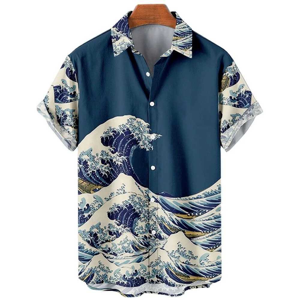 Mens Hawaiian shirt 3D printed short sleeved casual lapel beach style top retro wave imported fashion X250410