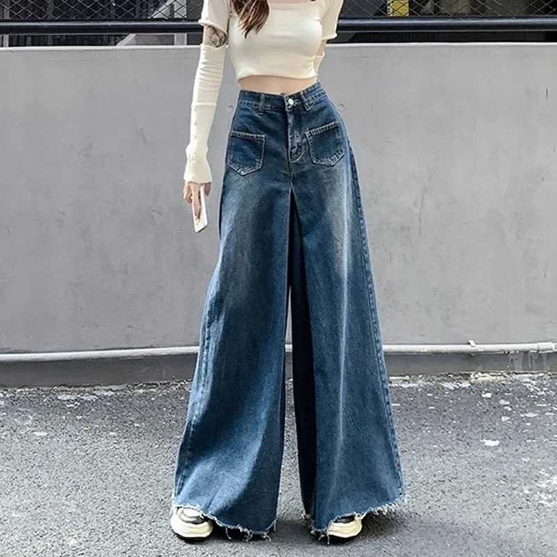 Woman High Waist Vintage Designer Wide Leg Jeans Female Gothic Loose Straight Leg Pants Girls Blue Light Blue Denim Trousers C251110