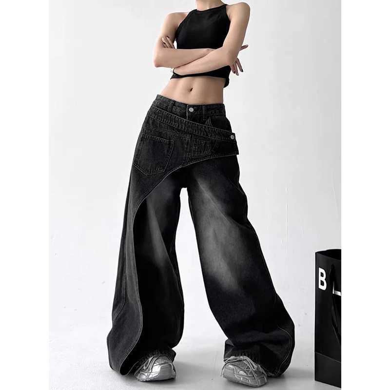 ZHIZOU Women Black Gothic Jeans Baggy Asymmetric Y2K Japanese Harajuku 2000s Streetwear Loose Wide Leg Jeans Pants Clothing C251110