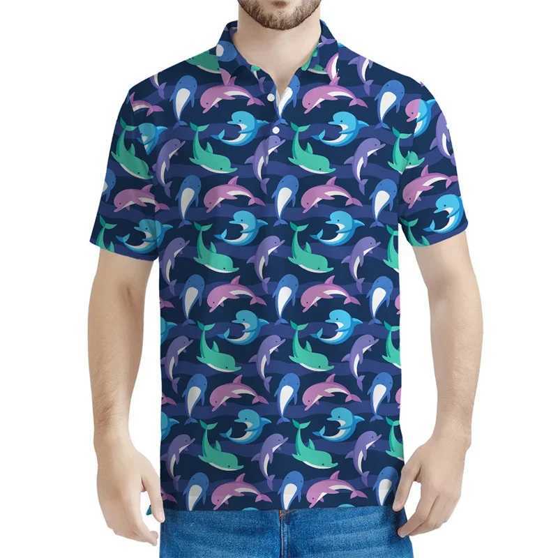 Mens Dolphin 3D Printed Pole Summer Short Sleeve Button Shirt Ocean Animal Collar Loose X250410