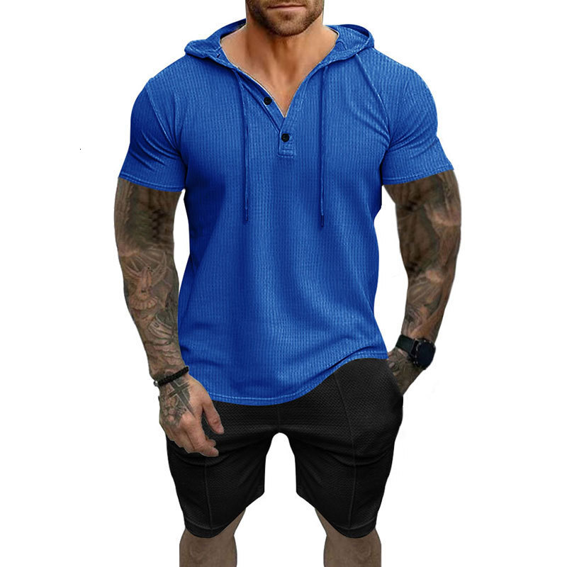 2024 Summer New Mens Casual Hoodie Set T-shirt Henley Shirt
