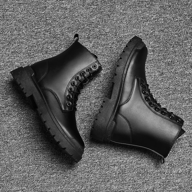 Black Mens Casual Leather Boots Fashion Winter Men Work Boot Mens Shoes Non-slip High Top Ankle Boots Motorcycle Shoes 251107