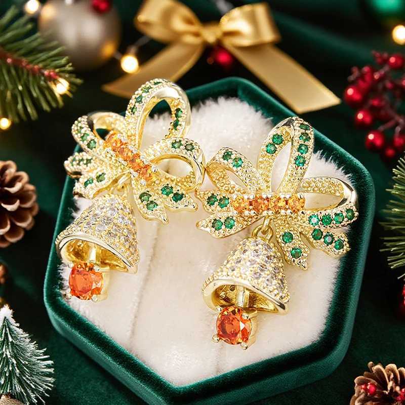 Huitan Festival Bow and Jinglebells Earrings for Women Gold Color Colorful CZ Christmas Bell Design Dangle Earrings New Jewelry J251110