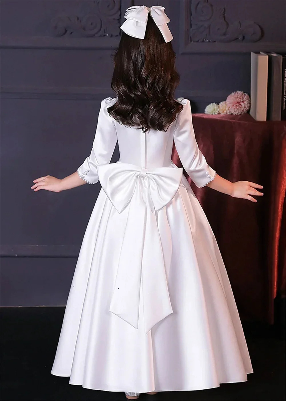 Cute white satin flower girl wedding dress princess bow childrens birthday party evening custom dress 250403