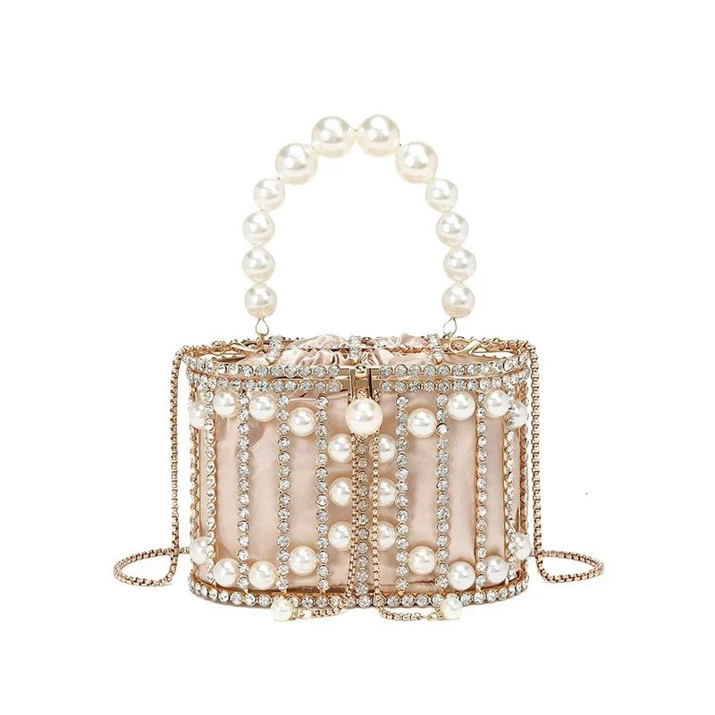 Pearl Evening Bag Rhinestone Bucket Bag Diamond Handbag Women Elegant Metal Cage Clutch Purse Chic Hollow Out Shoulder Bags R251110