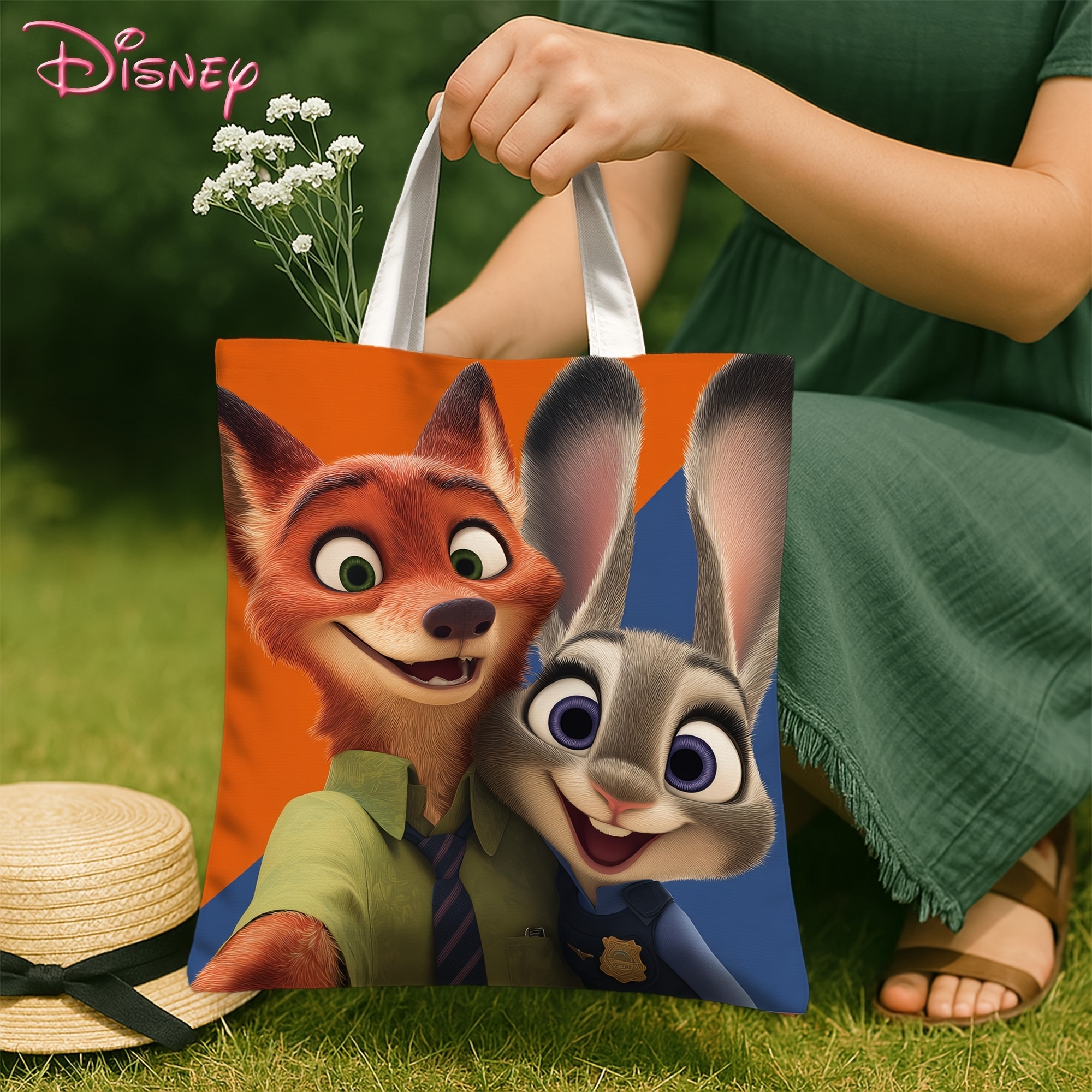 Disney 1 Piece Zootopia Handbag Judy Hopps & Nick Wilde Print, Red Blue, Foldable Durable, Daily Use, Travel, Work, College - Suitable for Women and M