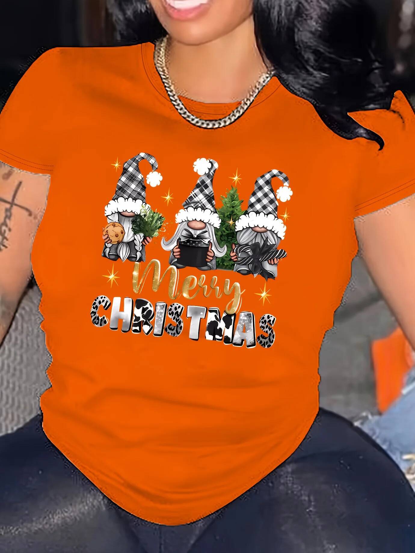 Ddmytues Christmas Women's Red T-Shirt Merry Lettering Black T-Shirt Top With White Gnome Women