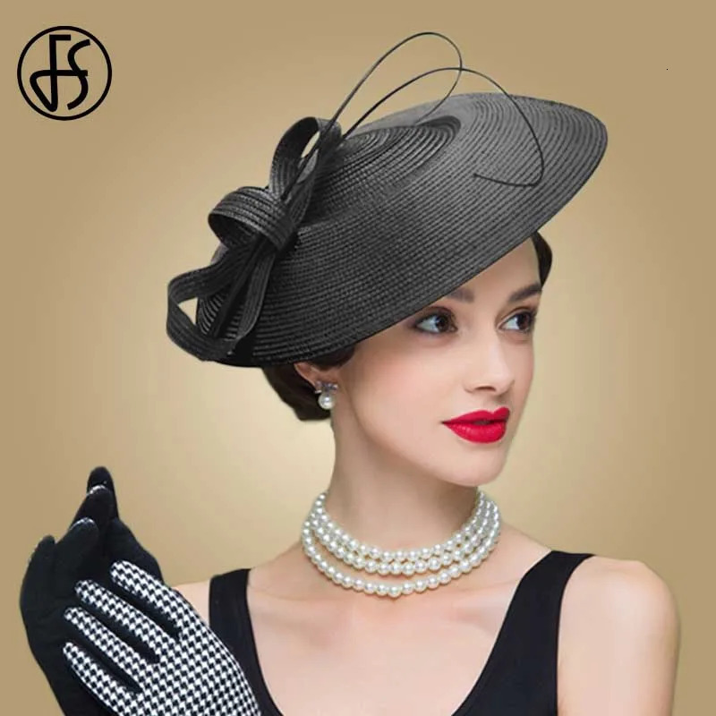 FS Fascinators Black White Wide Brim Pillbox Hat for Women Dressy Wedding Accessory Church Fedoras Ladies Derby Sraw Material 250409