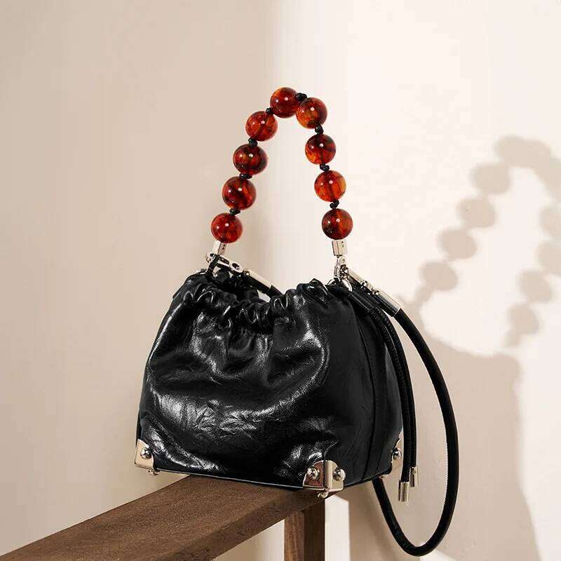 New Chinese Style Beaded Genuine Leather Handheld Wrinkled Crossbody Shoulder Bag For Women Boho Chic Clutch Purse St251110