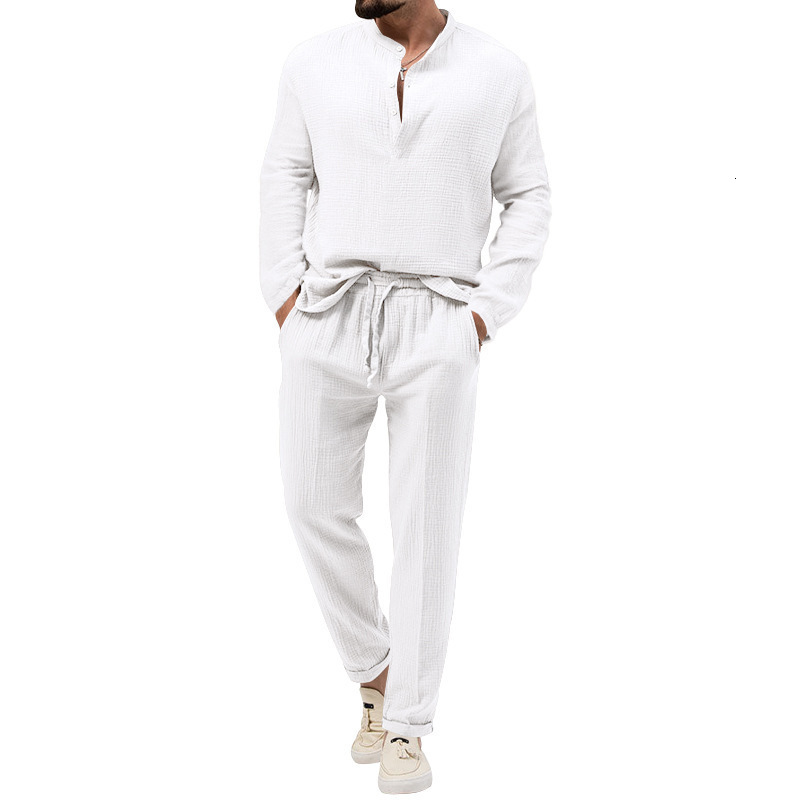 Cross 2024 Spring and Autumn Mens Solid Color Casual T-shirt Long Sleeve Shirt Long Pants Set