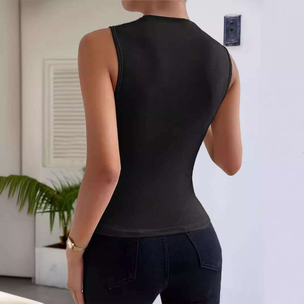 2024 Spring Summer New Fashion Versatile Solid Color Ruched Sleeveless Pullover Half High Neck T-Shirt for Women