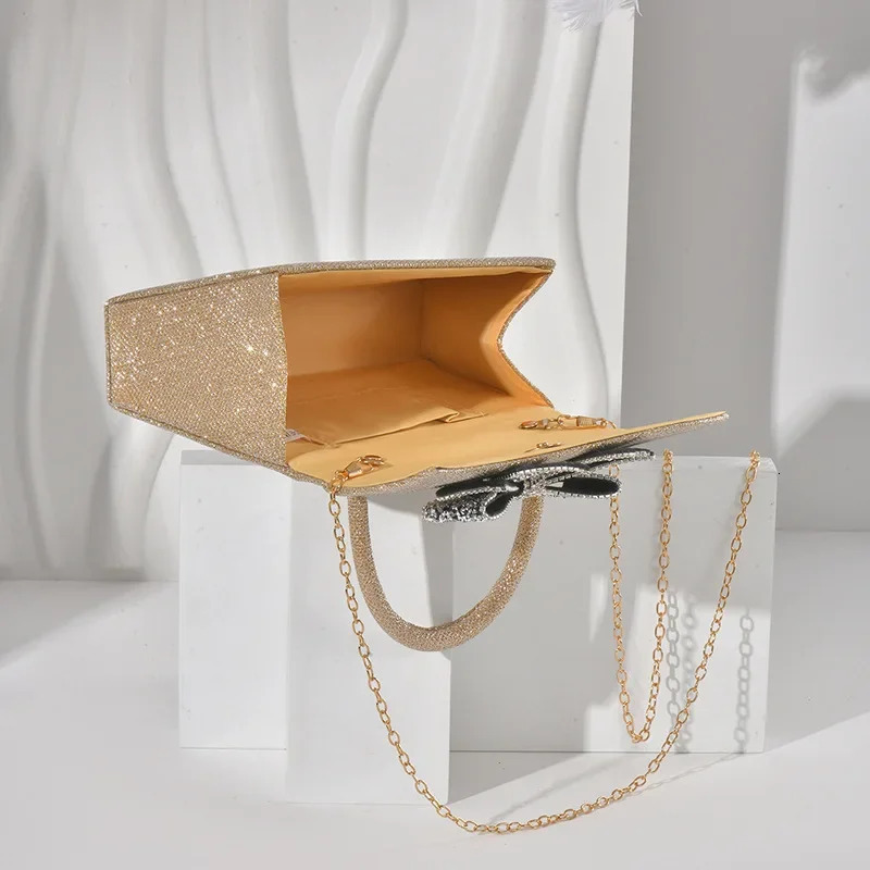 Elegant Butterfly Knot Evening Bag Diamond Embedded Clutch Dress Bag Wedding Reception Handbag Small Square Bag Trendy Cross-Bor R251110