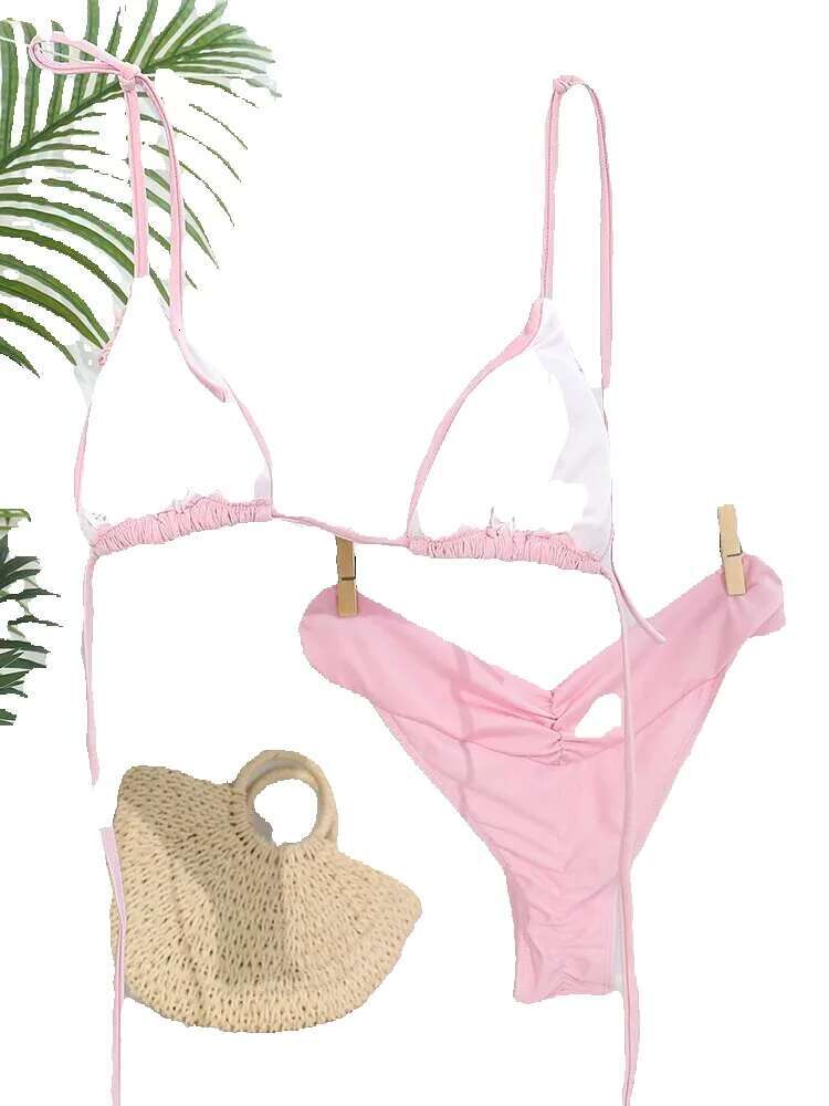Brazilian pleated bikini set, sexy mini bikini, women's triangle beachwear swimsuit, 2023