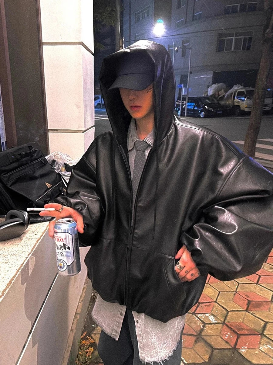 Korean Fashion Short Oversized Black Soft Pu Leather Jacket Coat Women Winter Hoodie Zipper Jacket Loose Casual Clothes 251103