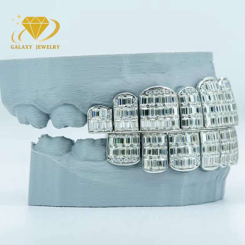 Custom S925 Silver 10k 14k 18k Solid Gold Teeth Iced Out Moissanite Diamond Grillz Emerald Cut Lab Diamond Grillz for Teeth