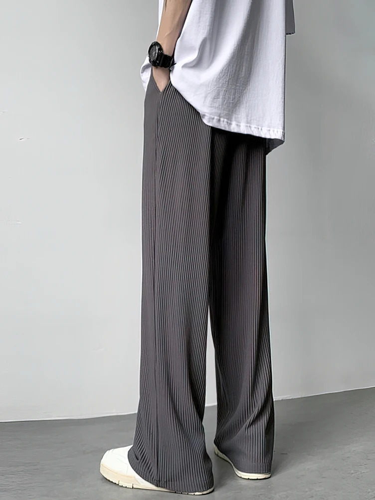 Summer Straight Ice Silk Casual Pants Men High Waist Pleated Long Trousers Thin Sport Wide leg Sweatpants Male Baggy 250408