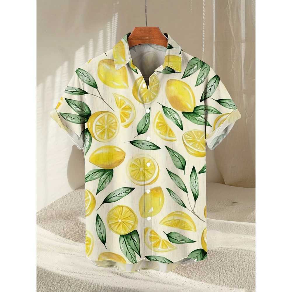Fruit 3D printed fashionable mens shirt lemon banana 3D printed summer short sleeved Hawaiian beach holiday cool casual top X250410