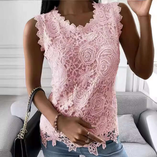 European and American Cross-Border Independent Station Amazon Wish Hot-Selling Women's Fashion 2024 Summer New Tank Tops Lace Blouses