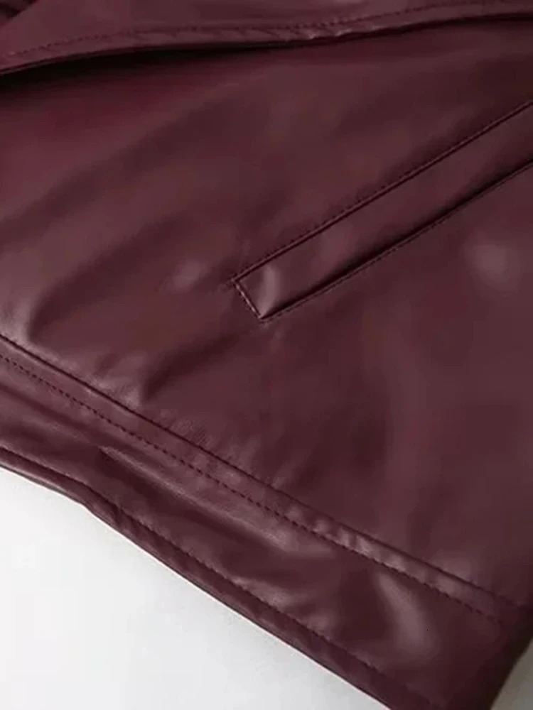 Womens Fashion Lapel Long Sleeve Short Leather Jacket Cool Slim Chery Red Short Jacket Motorcycle Street Party Jacket 251103