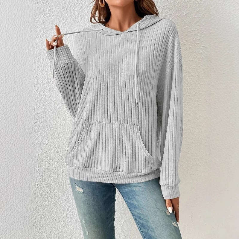 2025 Autumn Winter New Cross-Border European and American Women's Clothing Amazon Knitted Sweater TEMU Hooded Ribbed Kangaroo Pocket Sweatshirt