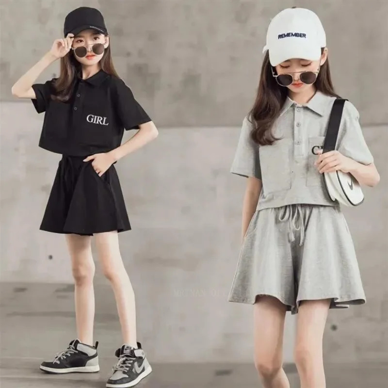 Summer girls leisure sports childrens girls aged 4-16 childrens clothing youth track and field clothes girls two-piece polo shirts shorts 250409