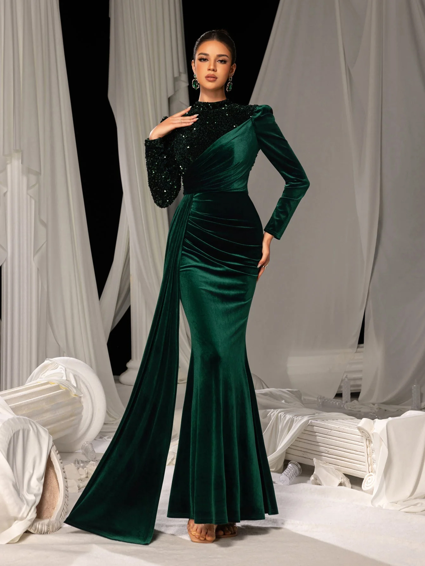 Women's Elegant Luxurious Velvet Sequin Mermaid Gown, Puff Shoulder Draped Strap Bodycon Maxi Dress---D348