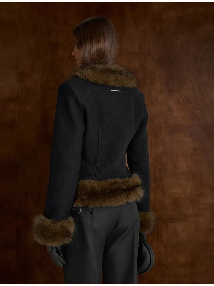 Womens Elegant Faux fur collar Patchwork Slim Coat Fashion High quality Long Sleeve Outerwear Lady Outwear 251105