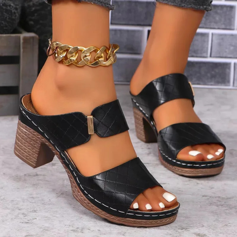 Women Summer Lightweight Hollow Sandals High Heels Dress Chunky Open Toe Slippers Female 2024 Casual Slingback Slides Shoes 250402