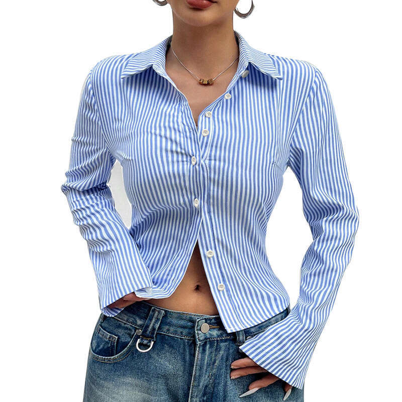 2025 Autumn Foreign Trade European and American Style Striped Women's Fashion Cross-Border Wish Independent Station Elegant Slim Fit Shirt Cardig