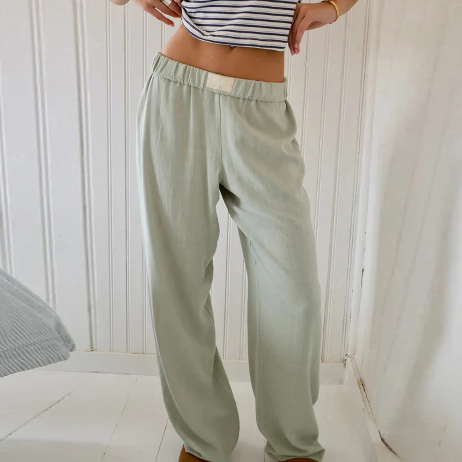 Combhasaki Womens Y2K Vintage Retro Casual Long Pants Elastic Wide Band Waist Solid Loose Trousers Loungewear Pants Streetwear 250409