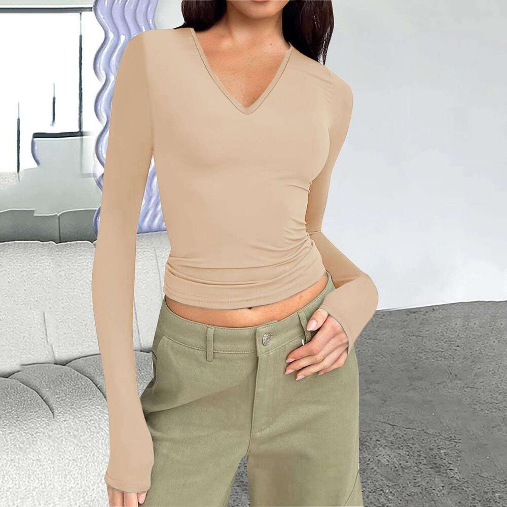 Autumn Winter European American Amazon New Wish Women's V-Neck Long Sleeve Basic Slim Fit Versatile T-Shirt Top for Women