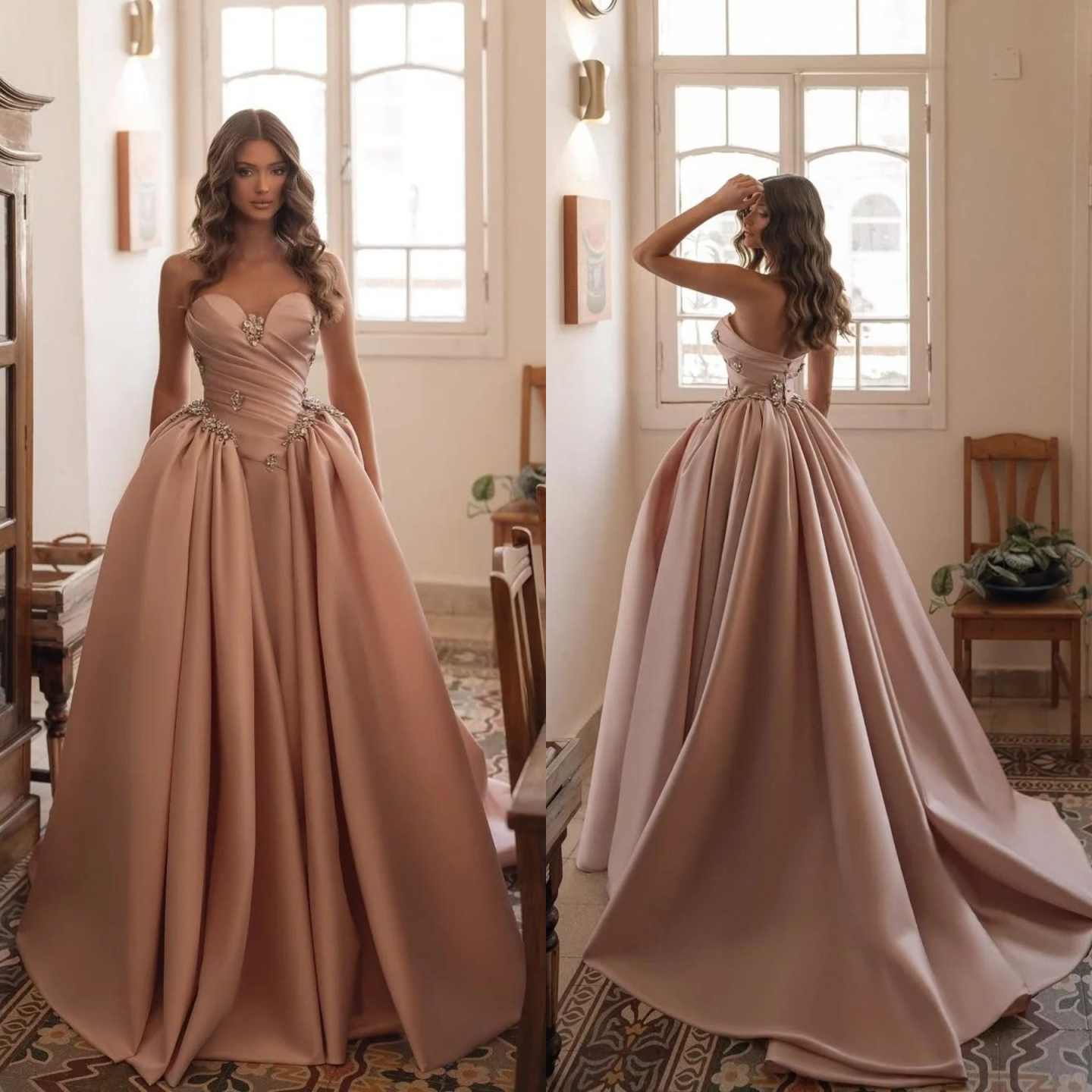 Gorgeous A Neck Evening Dress Sweetheart Neck Crystal Prom Gowns Elegant Sleeveless Sweep Train Formal Dresses Vestido De Novia