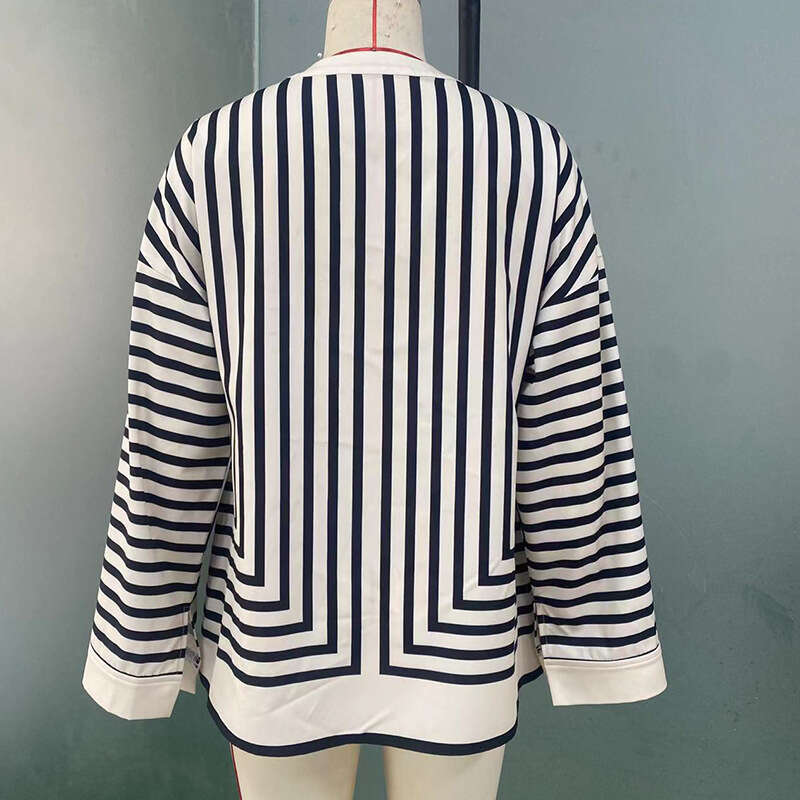 Rui Chuo Cross-Border Amazon Foreign Trade European and American Long Sleeve 2025 Autumn New Striped Loose Cardigan Shirt for Women