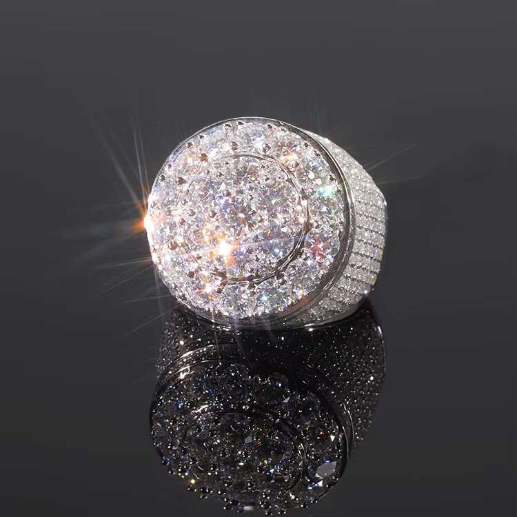 Hip Hop Style Iced Out Ring Round Brilliant Cut VVS Moissanite Gold Plated Sterling Silver Ring for Men