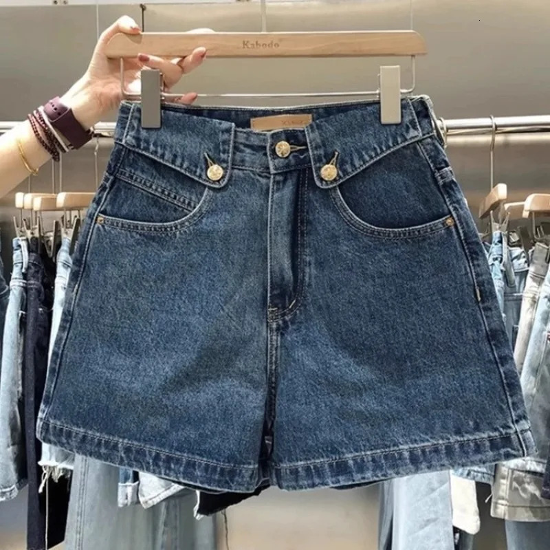 Summer denim shorts womens fashion paradigm high waist loose straight leg casual mid long leg wide leg retro pants 250410