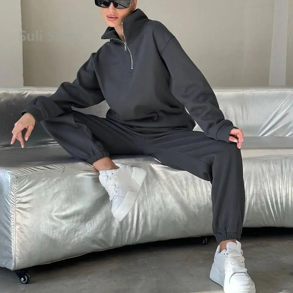 European American Versatile Casual Fashion Thickened ed Long Sleeve Sweatshirt and Pants TwoPiece Set 251110