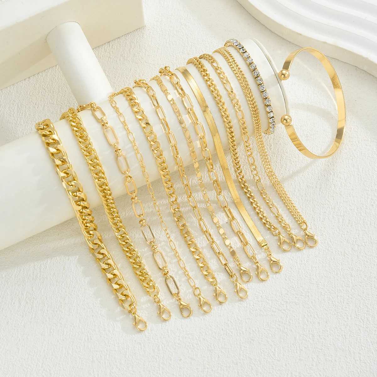 14pcs Elegant Minimalist Multi-Element Metal Chain Bracelet Set Vintage Rhinestone Twist Chain Metal Bracelets For Women JewelryT251110