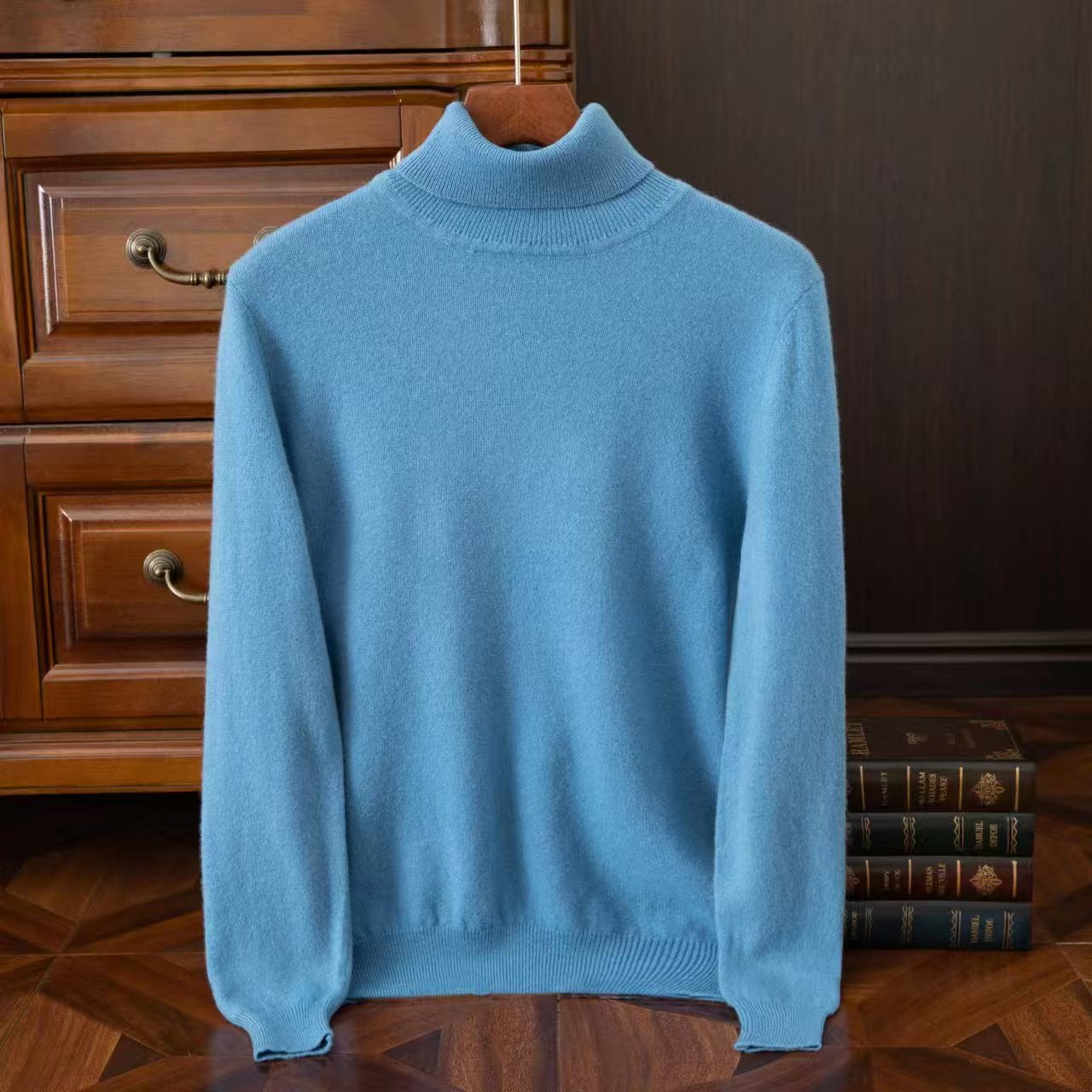 Spring and Autumn men's 100% pure wool sweater knitted sweater pullover round neck high neck solid color versatile solid color sweater